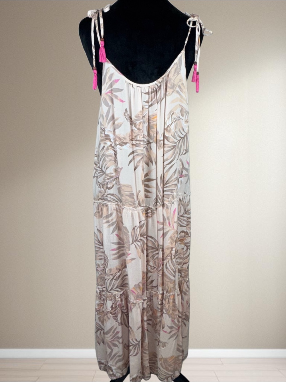 Blue Island Tiered Maxi Dress Beige Floral Tassel Tie Straps Tropical Resortwear - Picture 5 of 11